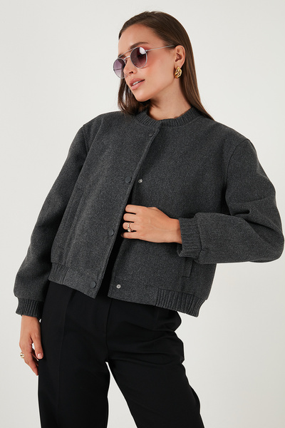 Loose Fit Zero Collar Snap Fastener Short Coat Coat 6810178