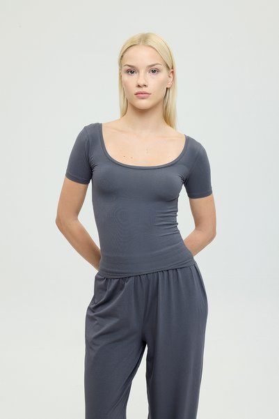 Ultra Soft Oval Neck Short Sleeve Blouse Smoked