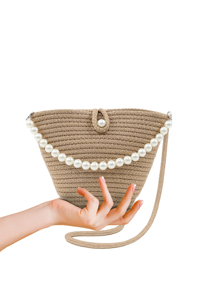 Straw Shk245 Straw Fabric Single Compartment, Hanging Hand, Arm and Shoulder Bag with Pearls