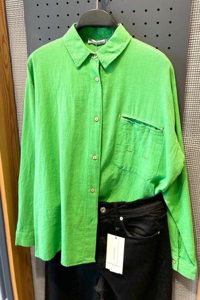 Green Oversize Cotton Linen Shirt Single Pocket Basic