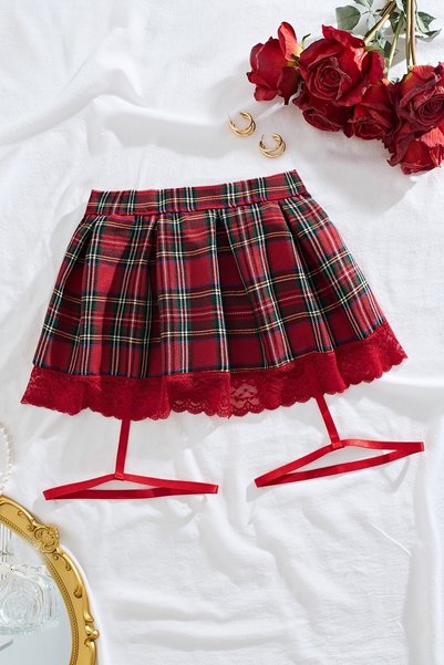 Pleated Lace Plaid Tie-Back Skirt with Garter Detail