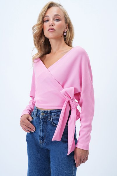 Women's Pink Front Back Double Breasted Collar Lacing Detail Ottoban Crop Blouse Alc-X14346