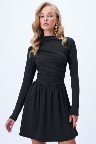 Women's Black Low Collar Drape Detailed Sandy Flared Dress Alc-X14371