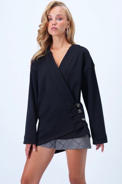 Women's Black Double Breasted Collar Asymmetric Cut Button Detailed Kimono Jacket Alc-X14411
