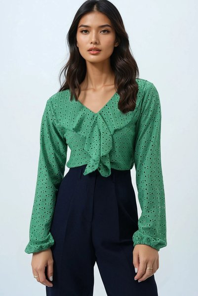 Women's Green V-Neck Ruffle Front Blouse Alc-X14361