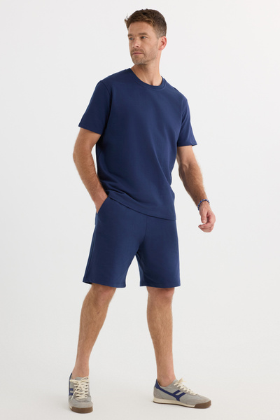 Relax Fit Comfortable Cut 100% Cotton Lightweight Thick Special Design Men's Navy Blue Shorts T-Shirt Set