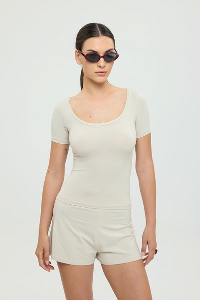 Ultra Soft Oval Neck Short Sleeve Blouse Beige