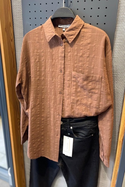 Women's Brown Oversize Pocket Detailed Textured 100% Cotton Shirt (Buy 1 Size Small)