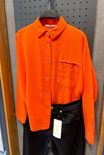 Orange Oversize Cotton Linen Shirt Single Pocket Basic