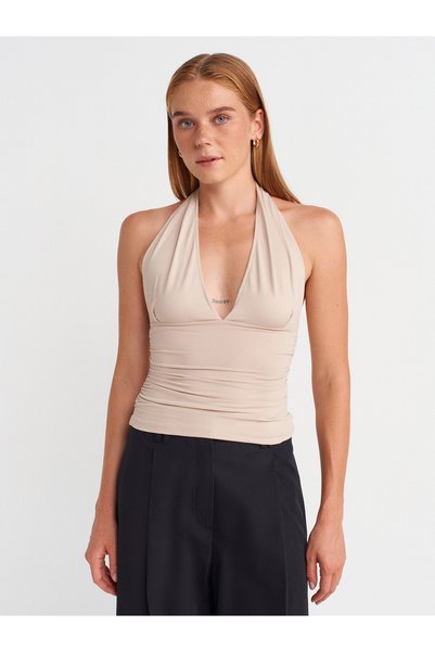 31968 Gathered Halter Neck Top-Stone