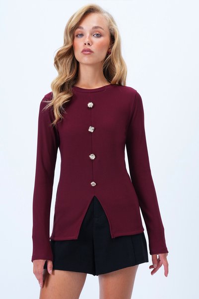 Women's Burgundy Crew Neck Front Slit Button Detailed Ottoban Blouse Alc-X14345