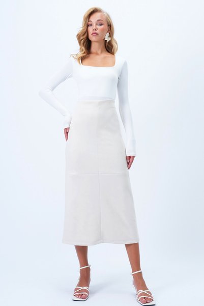 Women's Ecru Hidden Zipper Stitching Detailed Faux Suede Maxi Skirt Alc-X14407
