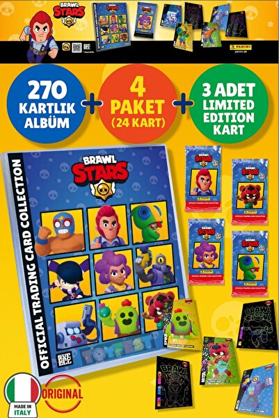 Brawl Stars Panini официјален почетен сет: албум (списание) + 4 пакувања (24 картички) + 3 картички во ограничено издание