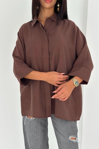 Women's Brown Hidden Button Comfortable Fit Batwing Sleeve Loose Fit Oversize