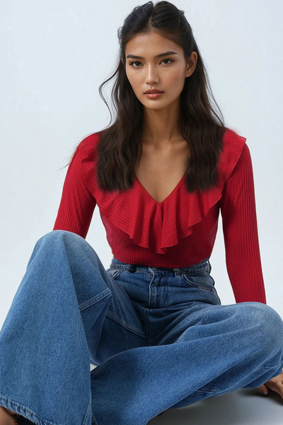 Red V-Neck Ruffled Soft-Textured Blouse ALC-X14364