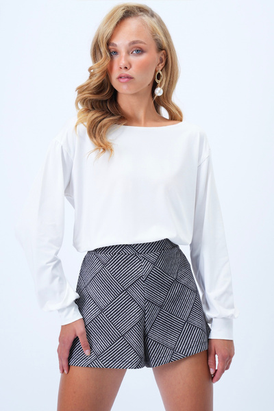 Women's White Boat Neck Blouse with Cuffs Alc-X14393