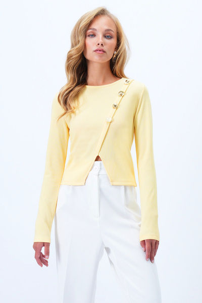 Yellow Crew Neck Cross Button Detailed Slit Ottoban Blouse Alc-X14340