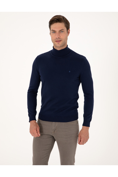 Light Navy Blue Slim Fit Turtleneck Basic Knitwear Sweater 50314202-Vr059