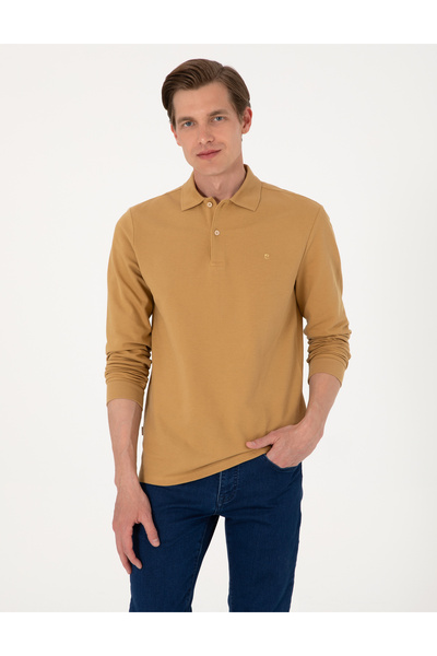Camel Slim Fit Non-Curling Polo Collar Basic Pique Sweatshirt 50314048-Vr015
