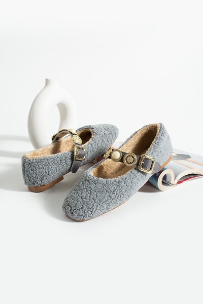 Women's Plush Buckle Detail Flat Sole Home Ballerinas