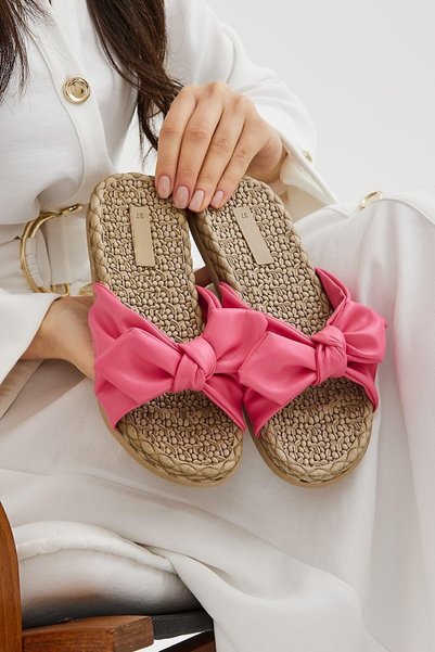 Fuchsia Bowknot Women's Slippers Non-Slip Sole Pool Sea Beach Slippers (Narrow Fit)