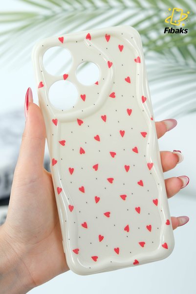 Redmi 13 4g Case Camera Protected Wave Edge Red Heart Pattern Silicone Cover