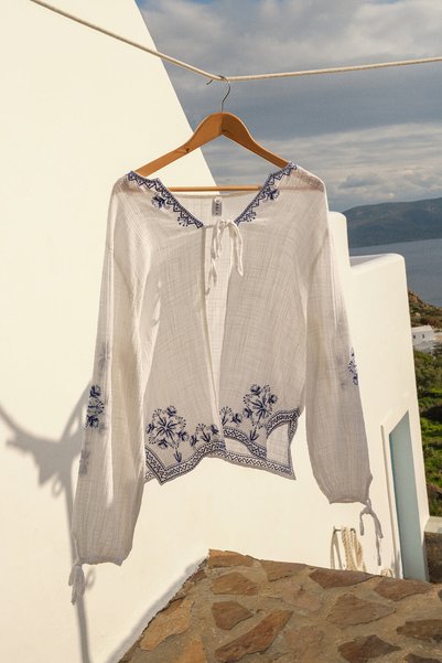 White Long Sleeve Front Tie Shirt