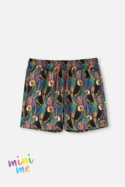 Black - Green Tucan Patterned Shorts