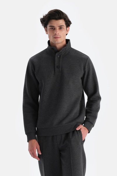Anthracite Melange Men's Button Collar Sweatshirt with Ribbed Inside