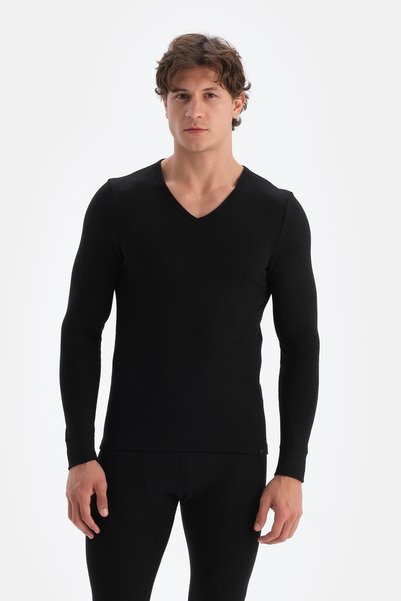 Black V-Neck Long Sleeve Men's Thermal Underwear Single Top