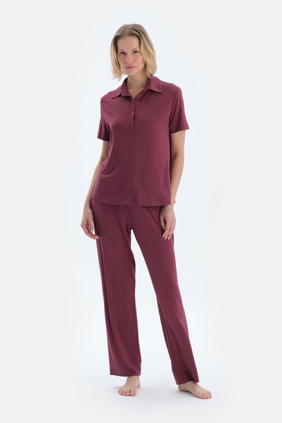 Claret Red Basic Shirt Pants Pajama Set