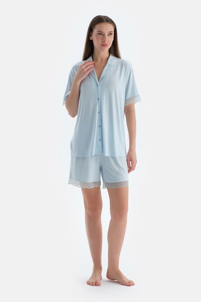 Light Blue Lace Detailed Short Sleeve Shirt Shorts Pajama Set