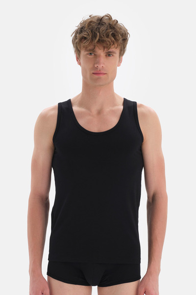 Black Wide Collar Combed Cotton Men's Undershirt