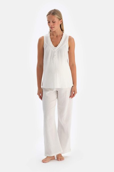 White Muslin Maternity Long Sleepwear Bottoms