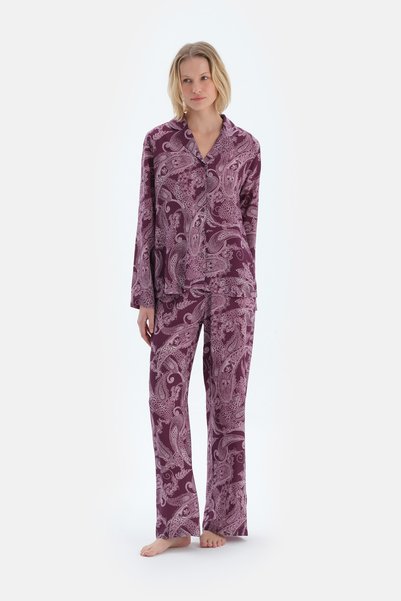 Plum Shawl Patterned Woven Trousers Pajama Bottoms