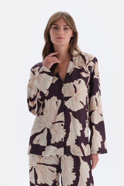 Purple Floral Print Detailed Satin Shirt Pajama Top