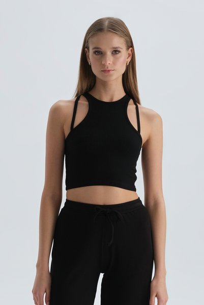 Black Rope Strap Halter Neck Crop Tank Top
