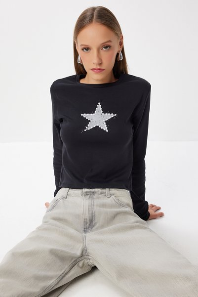 Star Printed Stone Detailed Crop Knitted Blouse Lub0229 Black