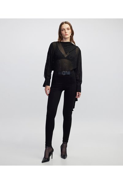 Faux Leather Belt Buckle Black Women's Trousers Iw6250003156
