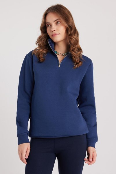 Women's Relax Fit Comfortable Cut Cotton Inside Fleece Half Zipper Navy Blue Stand Collar Sweatshirt