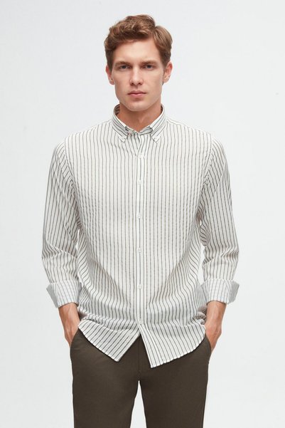 Ds Damat Slim Fit Green Striped Shirt