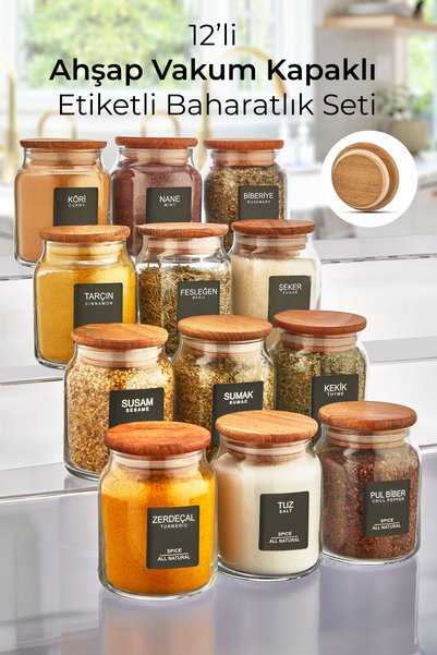 Set of 12 Glass Spice Jars with Bamboo Lids and Labels 290 ml