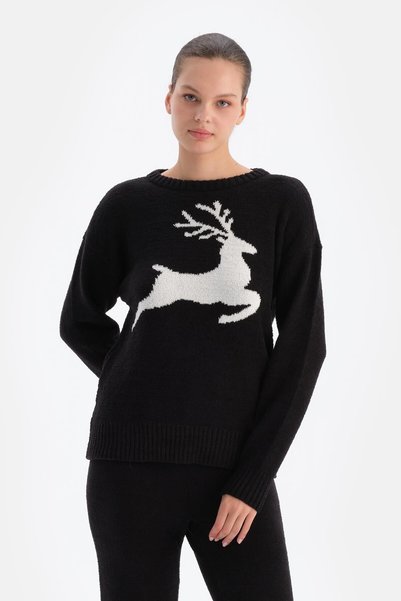 Black Deer Printed Fleece Sweatshirt