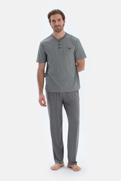 Gray Short Sleeve Half Placket T-Shirt Pants Pajama Set