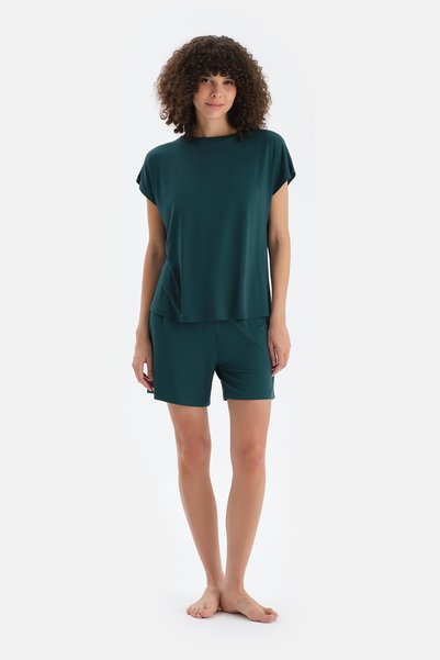 Dark Green Off Shoulder Short Sleeve Viscose T-Shirt Shorts Pajama Set