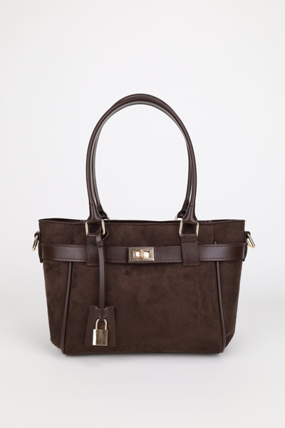 Women's Brown Suede Belt and Lock Charm Detail Zip-Closure Hand and Shoulder Bag Lotus