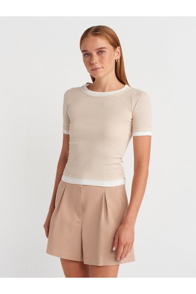 31942 100% Cotton Double Layer Drawstring T-Shirt-Beige