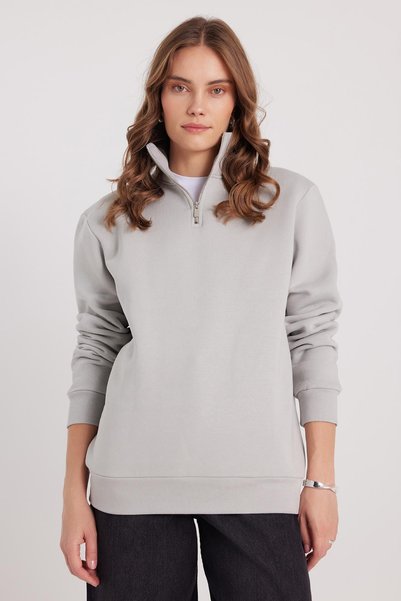 Women's Relax Fit Comfortable Cut Cotton Fleece Inside Half Zipper Stone Color Stand Collar Sweatshirt