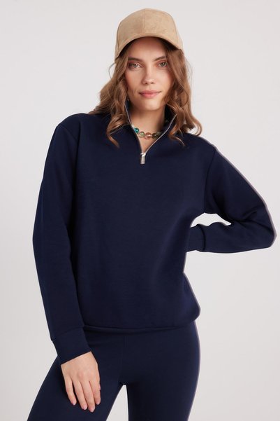 Women's Relax Fit Comfortable Cut Cotton Inside Fleece Half Zipper Navy Blue Stand Collar Sweatshirt