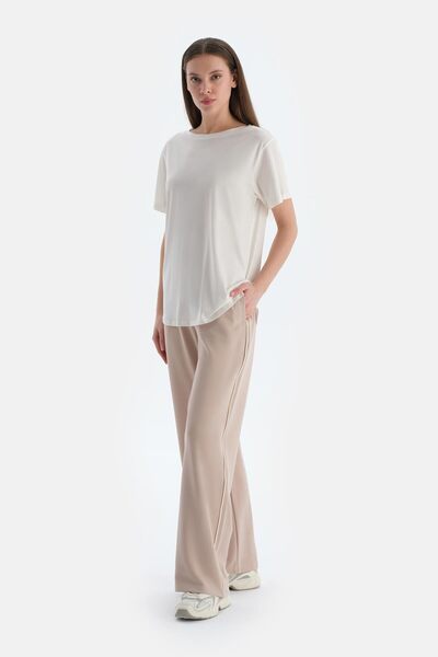 Beige Women's Modal Blend Trousers with Piping Detail